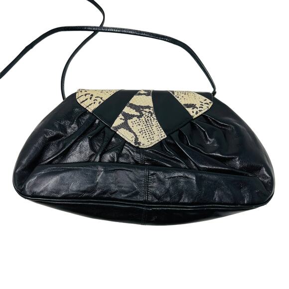 Vintage 80s Tohpo Snakeskin Flap Soft Leather Bag Black Cream - Picture 1 of 9
